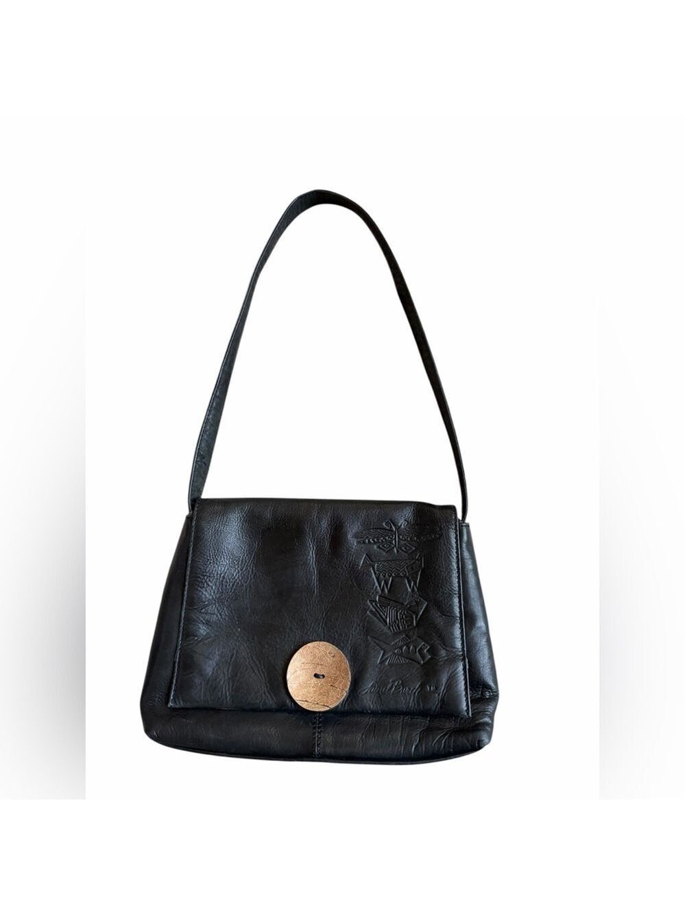 Laurel Burch Vintage 90’s Black Leather Shoulder Bag With Embossed Animals